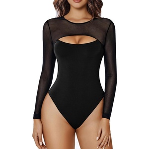 Avidlove Bodysuits for Women Round Neck Long Sleeve Mesh Bodysuit | Sexy Sheer Top Double Lined Shapewear Cutout Shirt(Black)