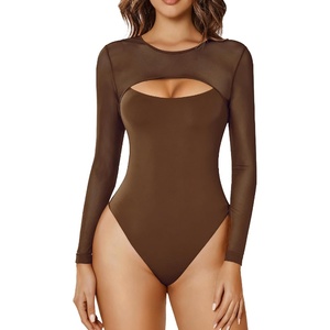 Avidlove Bodysuits for Women Round Neck Long Sleeve Mesh Bodysuit | Sexy Sheer Top Double Lined Shapewear Cutout Shirt(Brown)