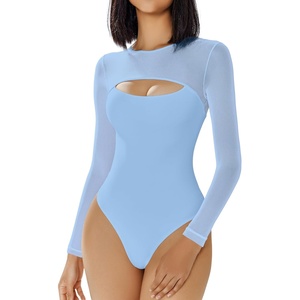 Avidlove Bodysuits for Women Round Neck Long Sleeve Mesh Bodysuit | Sexy Sheer Top Double Lined Shapewear Cutout Shirt(Light Blue)