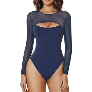 Avidlove Bodysuits for Women Round Neck Long Sleeve Mesh Bodysuit | Sexy Sheer Top Double Lined Shapewear Cutout Shirt(Navy Blue)