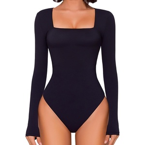 Avidlove Bodysuits for Women Sexy Long Sleeve Bodysuit Square Neck Double Lined Ruched Snap Closure Bodysuit Tops(Black)