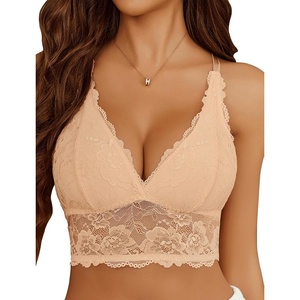 Avidlove Bralettes for Women Lace Wireless Bra V Neck Racerback Crop Top Adjustable Lingerie No Padded(Camel)