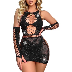 Avidlove Fishnet Lingerie Womens Mesh Chemise One Piece Babydoll Mini Dress Lace Sparkle Rhinestone Lingeries for Women(Black)