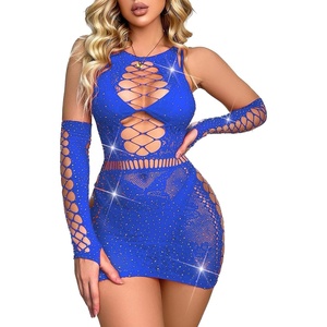 Avidlove Fishnet Lingerie Womens Mesh Chemise One Piece Babydoll Mini Dress Lace Sparkle Rhinestone Lingeries for Women(Blue)