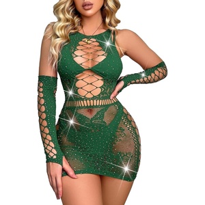 Avidlove Fishnet Lingerie Womens Mesh Chemise One Piece Babydoll Mini Dress Lace Sparkle Rhinestone Lingeries for Women(Dark Green)