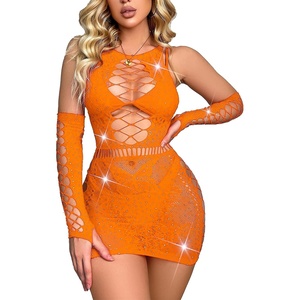 Avidlove Fishnet Lingerie Womens Mesh Chemise One Piece Babydoll Mini Dress Lace Sparkle Rhinestone Lingeries for Women(Orange)