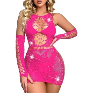 Avidlove Fishnet Lingerie Womens Mesh Chemise One Piece Babydoll Mini Dress Lace Sparkle Rhinestone Lingeries for Women(Pink)