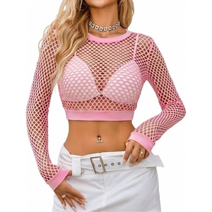 Avidlove Fishnet Top Women Mesh Long Sleeve Crop Blouse See Through Shirt Rave Goth XS-3XL(Pink)
