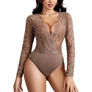 Avidlove Lace Bodysuit for Women Sexy Long Sleeve V Neck Body Suits Going Out Tops Snap Crotch One Piece Teddy Lingerie(Brown)