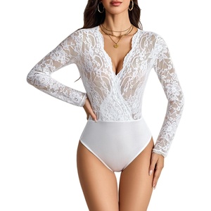 Avidlove Lace Bodysuit for Women Sexy Long Sleeve V Neck Body Suits Going Out Tops Snap Crotch One Piece Teddy Lingerie(B-white)