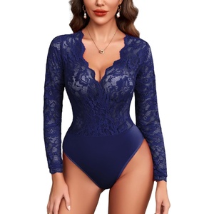 Avidlove Lace Bodysuit for Women Sexy Long Sleeve V Neck Body Suits Going Out Tops Snap Crotch One Piece Teddy Lingerie(Navy Blue)