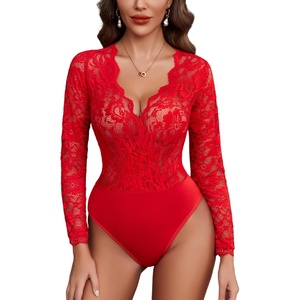 Avidlove Lace Bodysuit for Women Sexy Long Sleeve V Neck Body Suits Going Out Tops Snap Crotch One Piece Teddy Lingerie(Red)