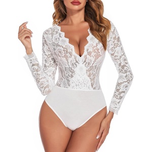 Avidlove Lace Bodysuit for Women Sexy Long Sleeve V Neck Body Suits Going Out Tops Snap Crotch One Piece Teddy Lingerie(White)