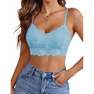 Avidlove Lace Bralettes for Women Padded Bralette Camisole Racerback Crop Top Floral Lace Bralettes V Neck(Light Blue)