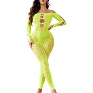 Avidlove Leopard Fishnet Bodysuit for Women Off Shoulder Long Sleeve Cut Out Pearl Lingerie for Club Night Sexy Outfit(Neon Green)