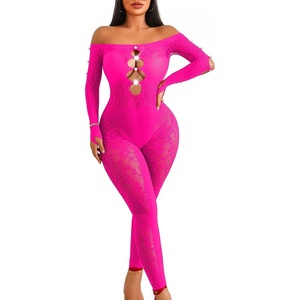 Avidlove Leopard Fishnet Bodysuit for Women Off Shoulder Long Sleeve Cut Out Pearl Lingerie for Club Night Sexy Outfit(Rose Red)
