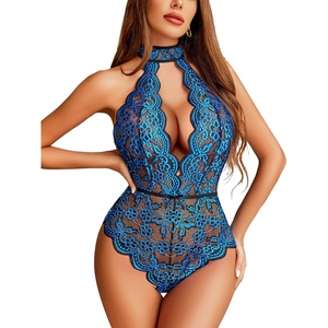 Avidlove Lingerie for Women Sexy Lace Bodysuit Deep V Teddy One Piece Babydoll Nightgown XS-XXL(Black&blue-(with Snap Crotch))