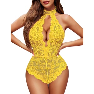 Avidlove Lingerie for Women Sexy Lace Bodysuit Deep V Teddy One Piece Babydoll Nightgown XS-XXL(Yellow-(with Snap Crotch))