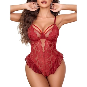 Avidlove Lingerie for Women Sexy Lace Bodysuit Deep V Teddy One Piece Babydoll(Wine Red)