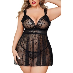 Avidlove Plus Size Lingeire for women Lace Babydoll Mesh Chemise Sexy Nightwear Sheer Nightie with Lace Up Bows L-4XL(Black)