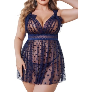 Avidlove Plus Size Lingeire for women Lace Babydoll Mesh Chemise Sexy Nightwear Sheer Nightie with Lace Up Bows L-4XL(Dark Blue)