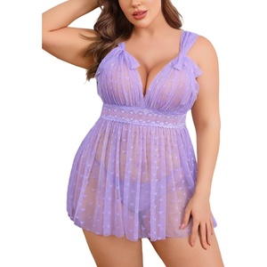 Avidlove Plus Size Lingeire for women Lace Babydoll Mesh Chemise Sexy Nightwear Sheer Nightie with Lace Up Bows L-4XL(Lilac)
