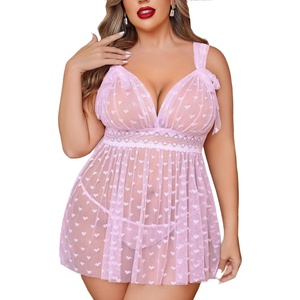 Avidlove Plus Size Lingeire for women Lace Babydoll Mesh Chemise Sexy Nightwear Sheer Nightie with Lace Up Bows L-4XL(Pink)