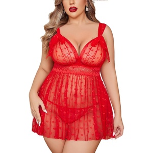 Avidlove Plus Size Lingeire for women Lace Babydoll Mesh Chemise Sexy Nightwear Sheer Nightie with Lace Up Bows L-4XL(Red)