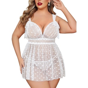 Avidlove Plus Size Lingeire for women Lace Babydoll Mesh Chemise Sexy Nightwear Sheer Nightie with Lace Up Bows L-4XL(White)