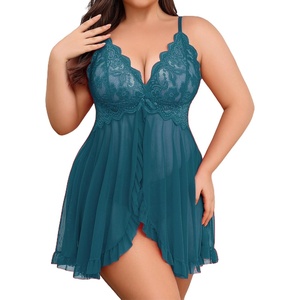 Avidlove Plus Size Lingerie for Women Sexy Lingerie Dress Lace Babydoll Lingerie V-Neck Open Front Strap Nightdress(Blue Green)
