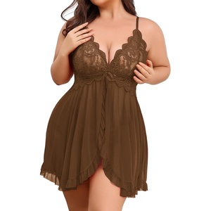Avidlove Plus Size Lingerie for Women Sexy Lingerie Dress Lace Babydoll Lingerie V-Neck Open Front Strap Nightdress(Brown)