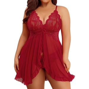 Avidlove Plus Size Lingerie for Women Sexy Lingerie Dress Lace Babydoll Lingerie V-Neck Open Front Strap Nightdress(Burgundy)