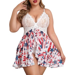 Avidlove Plus Size Lingerie for Women Sexy Lingerie Dress Lace Babydoll Lingerie V-Neck Open Front Strap Nightdress(Flag Print)