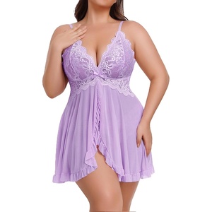 Avidlove Plus Size Lingerie for Women Sexy Lingerie Dress Lace Babydoll Lingerie V-Neck Open Front Strap Nightdress(Lilac)