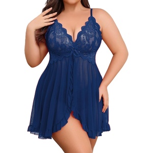Avidlove Plus Size Lingerie for Women Sexy Lingerie Dress Lace Babydoll Lingerie V-Neck Open Front Strap Nightdress(Navy Blue)
