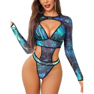 Avidlove Rave Outfits for Women Festival Sexy Lingerie Bodysuit 2 Piece | Buckle shrug crop top halter bodysuit set, snap closure, breathable mesh, for concerts and club nights(B-tie Dye)