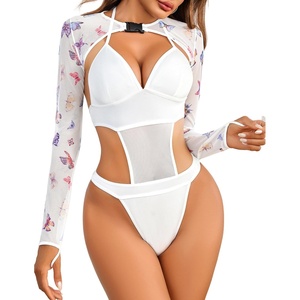 Avidlove Rave Outfits for Women Festival Sexy Lingerie Bodysuit 2 Piece | Buckle shrug crop top halter bodysuit set, snap closure, breathable mesh, for concerts and club nights(Colorful Butterfly)