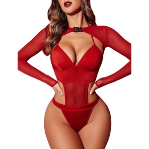 Avidlove Rave Outfits for Women Festival Sexy Lingerie Bodysuit 2 Piece | Buckle shrug crop top halter bodysuit set, snap closure, breathable mesh, for concerts and club nights(B-red)