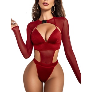 Avidlove Rave Outfits for Women Festival Sexy Lingerie Bodysuit 2 Piece | Buckle shrug crop top halter bodysuit set, snap closure, breathable mesh, for concerts and club nights(Hot Red)