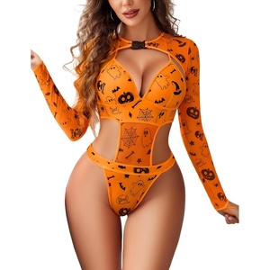 Avidlove Rave Outfits for Women Festival Sexy Lingerie Bodysuit 2 Piece | Buckle shrug crop top halter bodysuit set, snap closure, breathable mesh, for concerts and club nights(Halloween Orange)