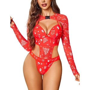 Avidlove Rave Outfits for Women Festival Sexy Lingerie Bodysuit 2 Piece | Buckle shrug crop top halter bodysuit set, snap closure, breathable mesh, for concerts and club nights(Christmas Red)