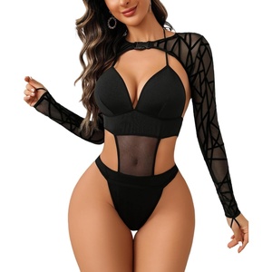Avidlove Rave Outfits for Women Festival Sexy Lingerie Bodysuit 2 Piece | Buckle shrug crop top halter bodysuit set, snap closure, breathable mesh, for concerts and club nights(Black Geometric)