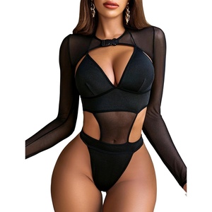 Avidlove Rave Outfits for Women Festival Sexy Lingerie Bodysuit 2 Piece | Buckle shrug crop top halter bodysuit set, snap closure, breathable mesh, for concerts and club nights(A-black)