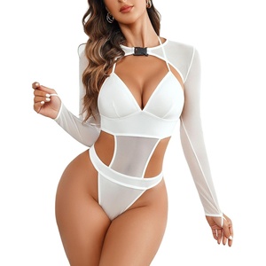 Avidlove Rave Outfits for Women Festival Sexy Lingerie Bodysuit 2 Piece | Buckle shrug crop top halter bodysuit set, snap closure, breathable mesh, for concerts and club nights(White)