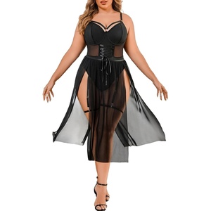 Avidlove Sexy Plus Size Lingerie Set for Women Sexy Bodysuit with High Slit dress and Garter Belt(Black)