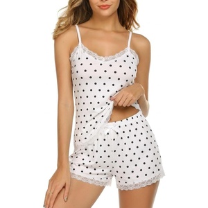 Avidlove Women Cami Pajama Set Modal Sleepwear Lace Trim Short PJ Set with Shorts(White Black Dot)
