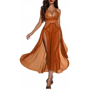 Avidlove Women Lingerie Deep V Neck Nightwear One Piece Sexy Nightgowns Mosaic Lace Mesh Dress(Caramel)