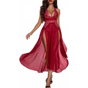 Avidlove Women Lingerie Deep V Neck Nightwear One Piece Sexy Nightgowns Mosaic Lace Mesh Dress(Dark Red)