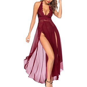 Avidlove Women Lingerie Deep V Neck Nightwear One Piece Sexy Nightgowns Mosaic Lace Mesh Dress(Purple Red)