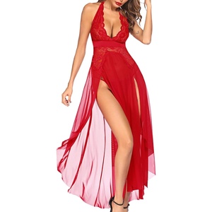 Avidlove Women Lingerie Deep V Neck Nightwear One Piece Sexy Nightgowns Mosaic Lace Mesh Dress(Red)